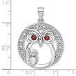 Sterling Silver Rhodium-plated Garnet and CZ Owls Pendant