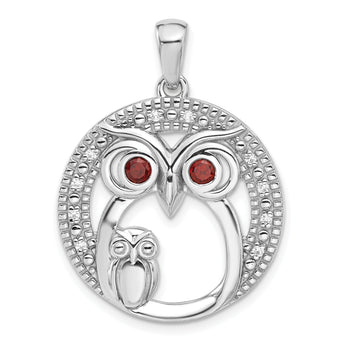 Sterling Silver Rhodium-plated Garnet and CZ Owls Pendant