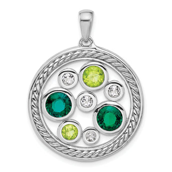 Sterling Silver Rhodium Cr. Emerald Peridot and White Topaz Circle Pendant