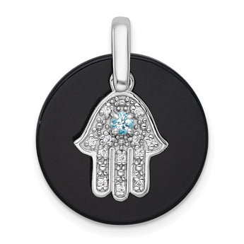 Hamsa Dangle Pendant in Sterling Silver with Onyx, 24mm, Topaz & Cubic Zirconia