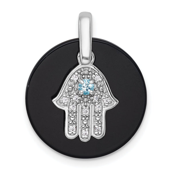 Hamsa Dangle Pendant in Sterling Silver with Onyx, 24mm, Topaz & Cubic Zirconia