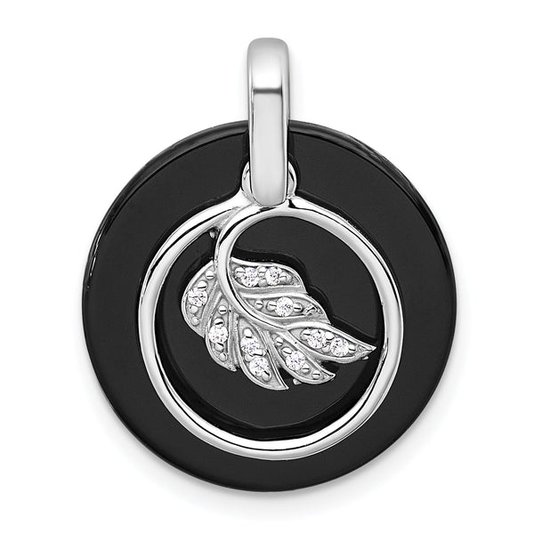 Onyx Circle & Cubic Zirconia Leaf Dangle Pendant in Sterling Silver, 24mm Moveable