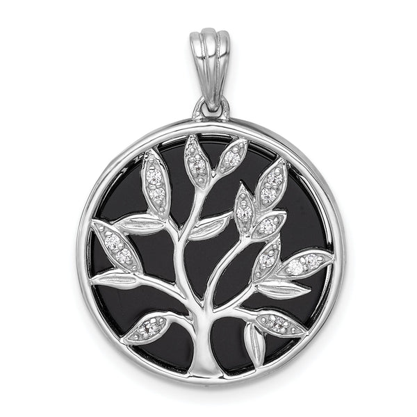 Tree of Life Pendant in Sterling Silver with Onyx & Cubic Zirconia, 30mm