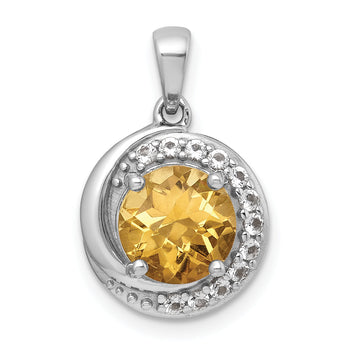 Sterling Silver Rhodium-plated Polished Checker-cut Round Citrine and White Topaz Circle Pendant