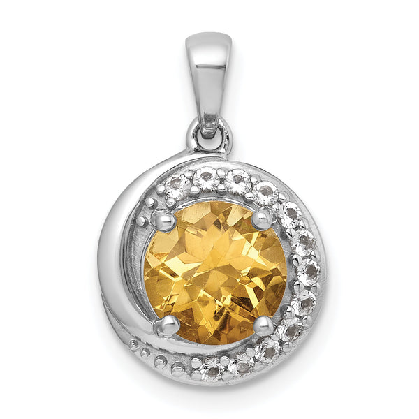 Sterling Silver Rhodium-plated Polished Checker-cut Round Citrine and White Topaz Circle Pendant