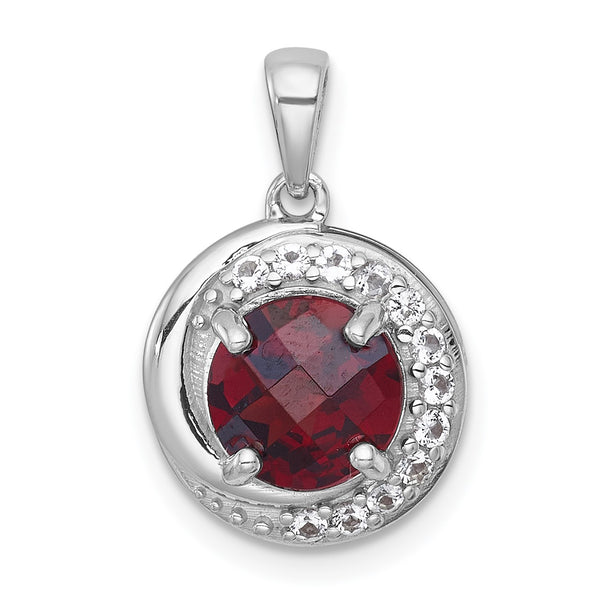 Sterling Silver Rhodium-plated Polished Checker-cut Round Garnet and White Topaz Circle Pendant - Birthstone Company