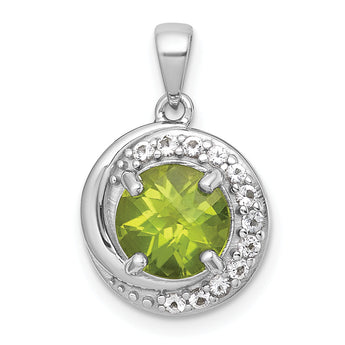 Sterling Silver Rhodium-plated Polished Checker-cut Round Peridot and White Topaz Circle Pendant