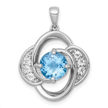 Sterling Silver Rhodium-plated Polished Checker-cut Round Light Swiss Blue Topaz and White Topaz Pendant