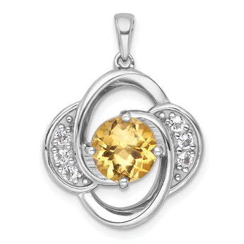 Sterling Silver Rhodium-plated Polished Checker-cut Round Citrine and White Topaz Pendant