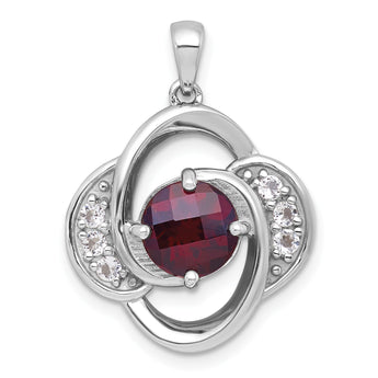 Sterling Silver Rhodium-plated Polished Checker-cut Round Garnet and White Topaz Pendant - Birthstone Company