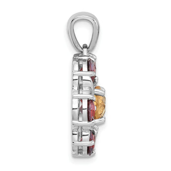 Sterling Silver Rhodium-plated Polished Citrine and Garnet Flower Pendant - Birthstone Company