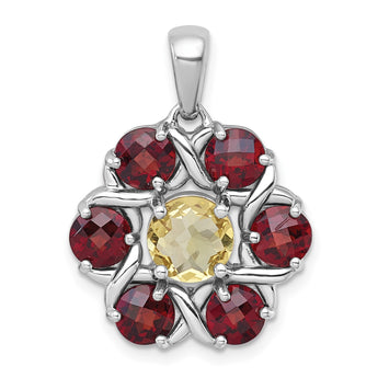 Sterling Silver Rhodium-plated Polished Citrine and Garnet Flower Pendant - Birthstone Company