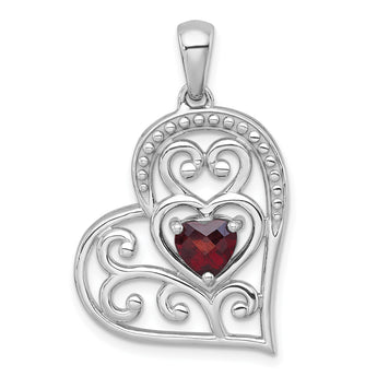 Sterling Silver Rhodium-plated Polished and Beaded Garnet Filigree Heart Pendant - Birthstone Company