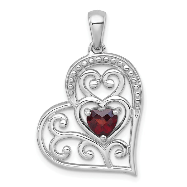 Sterling Silver Rhodium-plated Polished and Beaded Garnet Filigree Heart Pendant - Birthstone Company
