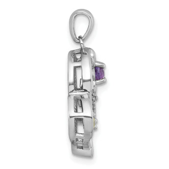 Sterling Silver Rhodium-plated Polished Amethyst, Peridot and White Topaz Flower in Heart Pendant - Birthstone Company