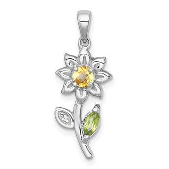 Sterling Silver Rhodium-plated Polished Citrine, Peridot and White Topaz Flower Pendant