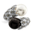 Sterling Silver Rhodium-plated Black and White Plastic Imitation Pearl Marcasite Ring
