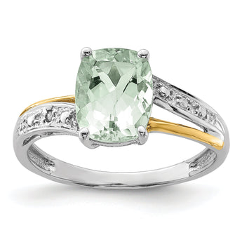 Brilliant Gemstones Sterling Silver with 14K Accent Rhodium-plated Green Quartz and Diamond Ring