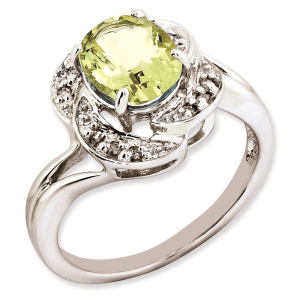 Sterling Silver Rhodium-plated Oval Lemon Quartz & Diamond Ring, Size 7 - Birthstone Company