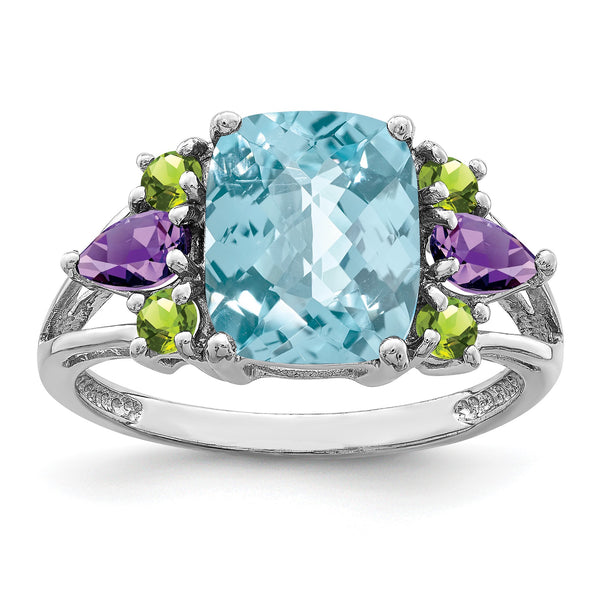 Sterling Silver Rhodium Light Swiss Blue Topaz, Amethyst & Peridot Ring - Birthstone Company