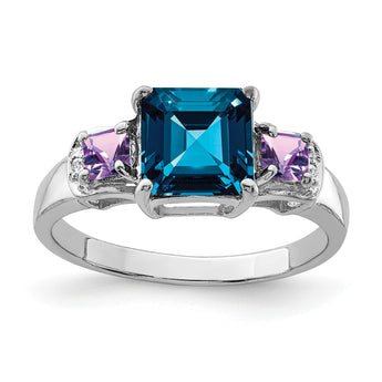 Sterling Silver Rhodium London Blue Topaz, Amethyst & Diamond Ring - Birthstone Company