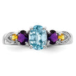 Sterling Silver Rhodium Lght Sw Blue Topaz, Amthyst, Citrine & Diamond Ring