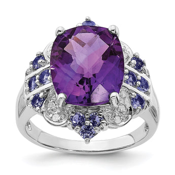 Sterling Silver Rhodium-plated Amethyst, Tanzanite & Diamond Ring, Size 5 - Birthstone Company