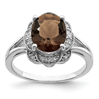 Sterling Silver Rhodium Diamond & Smoky Quartz Ring