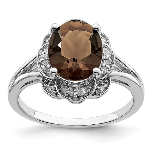 Sterling Silver Rhodium Diamond & Smoky Quartz Ring