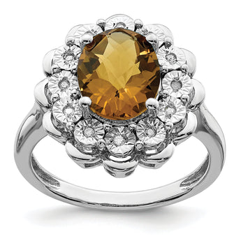 Sterling Silver Rhodium Diam. & Oval Checker-Cut Whiskey Quartz Ring