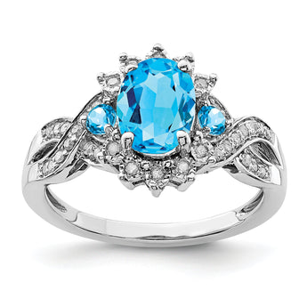 Sterling Silver Rhodium Diamond & Blue Topaz Ring