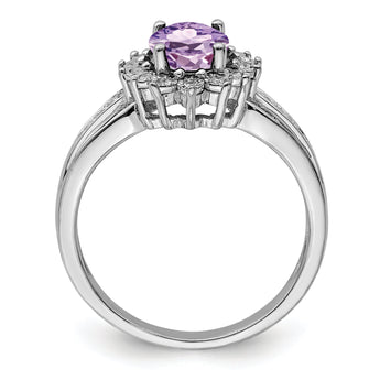 Sterling Silver Rhodium Diamond & Oval Pink Quartz Ring