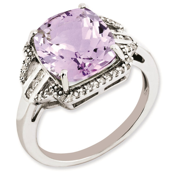 Sterling Silver Rhodium-plated Diamond & Checker-Cut Pink Quartz Ring, Size 7 - Birthstone Company