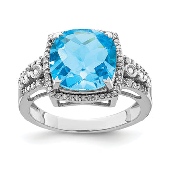 Sterling Silver Rhodium Checker-Cut Blue Topaz & Diamond Ring