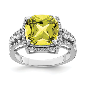Sterling Silver Rhodium Diamond & Checker-Cut Lemon Quartz Ring