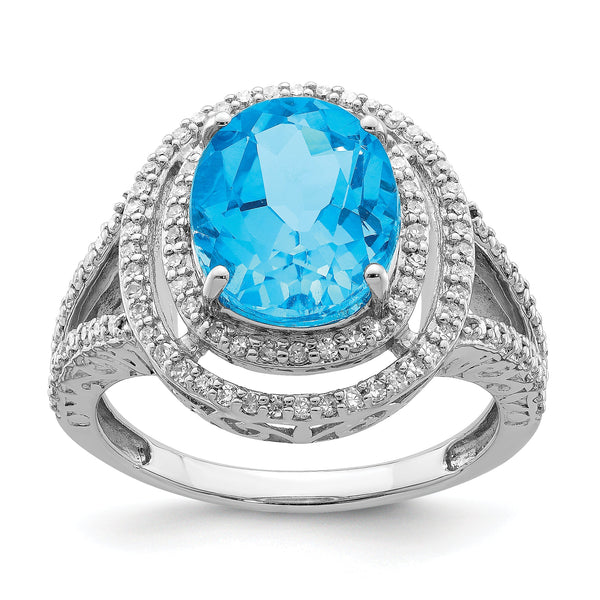 Sterling Silver Rhodium Oval Blue Topaz & Diamond Ring