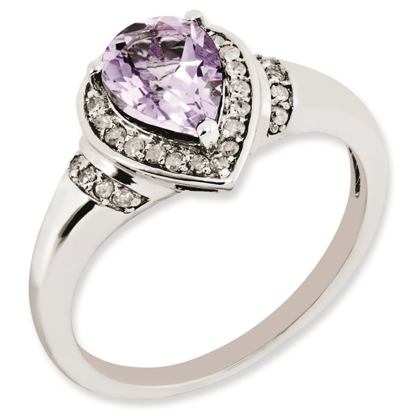 Sterling Silver Rhodium-plated Diamond & Pink Quartz Ring - Birthstone Company