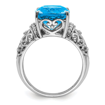 Sterling Silver Rhodium Checker-Cut Blue Topaz & Diamond Ring