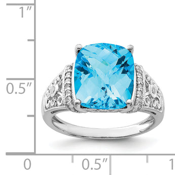 Sterling Silver Rhodium Checker-Cut Blue Topaz & Diamond Ring