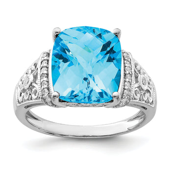 Sterling Silver Rhodium Checker-Cut Blue Topaz & Diamond Ring