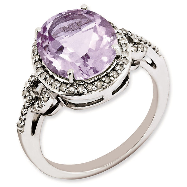 Sterling Silver RH-plated Oval Diamond & Checker-Cut Pink Quartz Ring, Size 7 - Birthstone Company