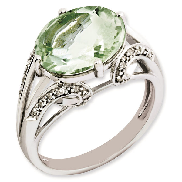 Sterling Silver Rhodium-plated Oval Diamond & Green Quartz Ring, Size 7 - Birthstone Company