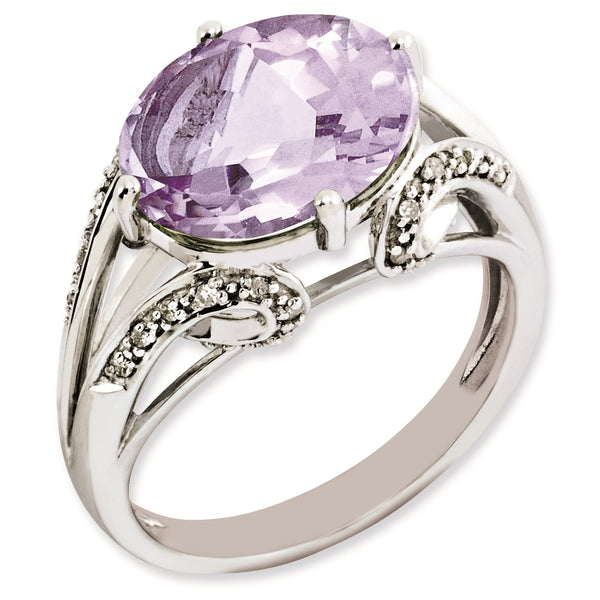 Sterling Silver Rhodium-plated Oval Diamond & Pink Quartz Ring, Size 7 - Birthstone Company