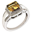 Sterling Silver Rhodium-plated Square Diamond & Whiskey Quartz Ring, Size 7 - Birthstone Company