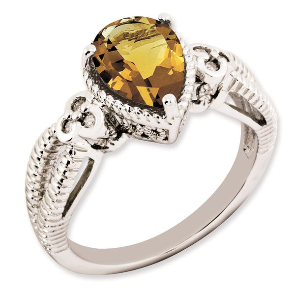 Sterling Silver Rhodium-plated Whiskey Quartz & Diamond Ring, Size 7 - Birthstone Company