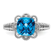 Sterling Silver Rhodium Checker-Cut Blue Topaz & Diamond Ring