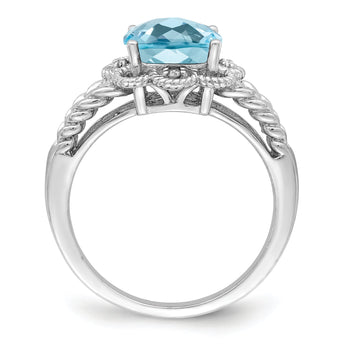 Sterling Silver Rhodium Checker-Cut Sky Blue Topaz & Diamond Ring