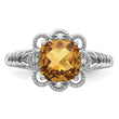 Sterling Silver Rhodium Checker-Cut Whiskey Quartz & Diamond Ring