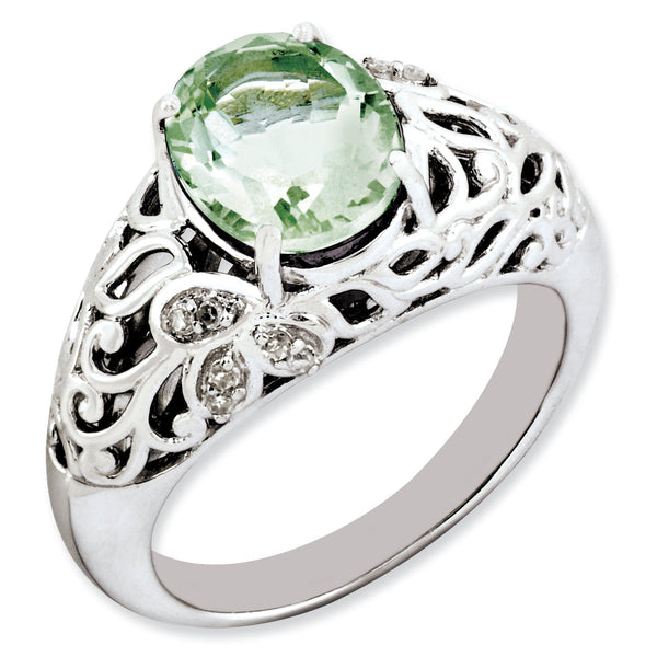 Sterling Silver Rhodium-plated Oval Green Quartz & Diamond Ring