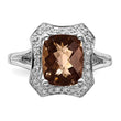 Sterling Silver Rhodium Checker-Cut Smoky Quartz & Diamond Ring